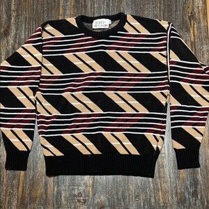 Vintage Folio 1980’s Black, Tan & Burgundy Geometric Crewneck Sweater